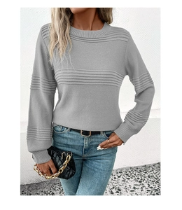 Detail of grey crewneck knit sweater with horizontal stripe texture and ribbed cuffs