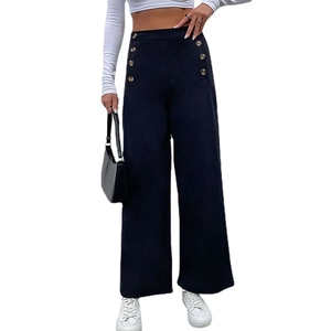 Women's high waist wide leg trousers with decorative metal buttons in dark navy blue