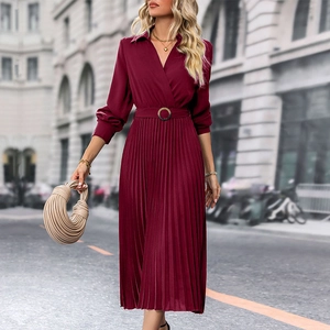 Elegant wine red pleated maxi dress with long sleeves and a belted waist for women