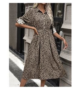 Close-up of leopard print shirt dress detail featuring lapel collar and white buttons