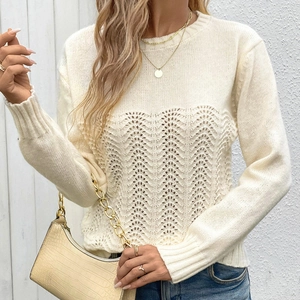 Elegant off-white pointelle knit sweater for women with round neck and long sleeves