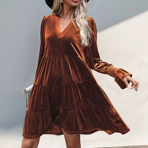 Elegant deep copper velvet tiered midi dress with V-neck and long smocked sleeves
