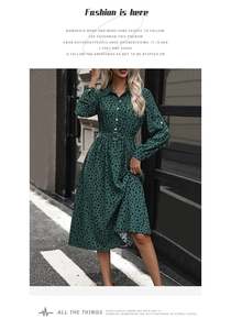 Detail of dark green leopard print midi shirt dress with buttons and matching belt