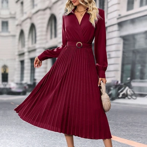 Elegant wine red pleated midi dress with V-neck, long sleeves and buckled waist belt