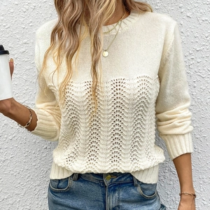 Chic cream hollow-out knit sweater featuring crew neck and elegant wave crochet patterns