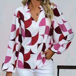 Women's V-neck geometric print shirt with pink and burgundy lanterns sleeves