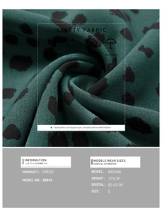 Detailed fabric texture of green leopard print dress with S8845 model size chart
