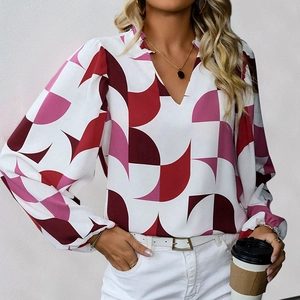 Women's V-neck geometric print long sleeve blouse with elegant lantern sleeves in red