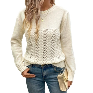 Women's crew neck long sleeve pointelle knit sweater in off-white with wavy hollow pattern