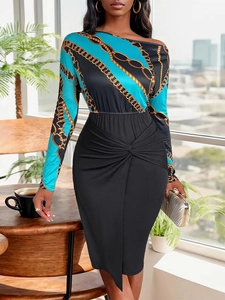 Robe Midi Élégante pour Femmes Imprimé Chaîne Nœud Torsadé Taille Col Bateau Moulante Jupe Crayon Manches Longues