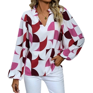 Women long sleeve V-neck blouse featuring red and pink geometric print and ruffles