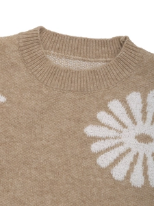 Close-up of ribbed crewneck and white daisy knit pattern on brown sweater