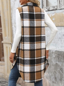 Rear view of a long sleeveless plaid vest with curved hem and vintage checkered pattern