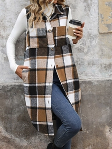 Classic brown plaid sleeveless cardigan with lapel and buttons in a street fashion shot