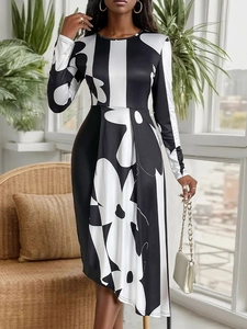 Elegant black and white floral long sleeve dress with slim fit and irregular hemline