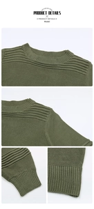 Close-up of army green knit sweater showing ribbed crew neck and striped shoulder details