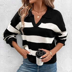 Relaxed black and white striped knit sweater with a V-neck polo collar and long sleeves