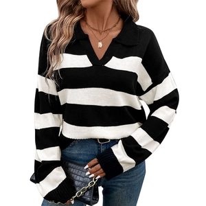 Women's black and white striped knit sweater with lapel V-neck and relaxed fit style