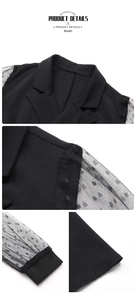 Detail of blazer dress featuring polka dot mesh sleeves and ribbed cuffs in black
