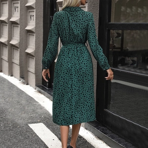 Elegant dark green polka dot long sleeve midi dress with lapel collar and waist tie belt