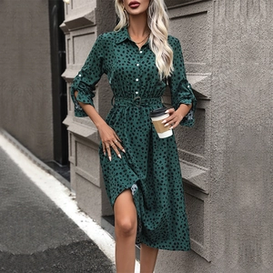 Women's leopard print long sleeve shirt dress in dark green with button-down collar and belt