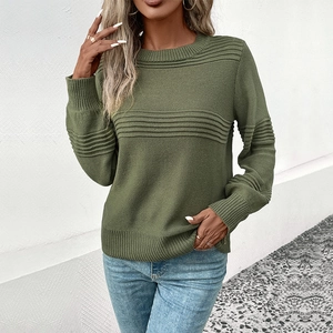 Women's green long sleeve knit sweater with textured horizontal stripes and crew neck