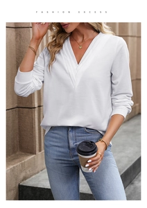 Detailed view of white V-neck long sleeve top with pleated texture and stylish deep neckline