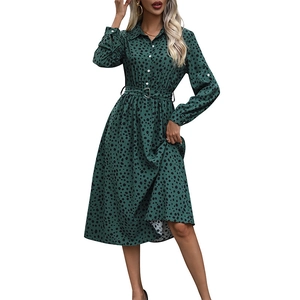 Dark green long sleeve shirt dress with leopard print and waist belt for women