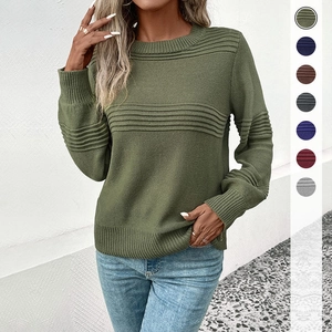 Olive green crewneck knit sweater for women with unique textured stripes and color variants