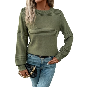 Women's grass green round neck knit sweater with textured stripes and lantern sleeves