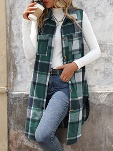 Detail view of long plaid vest with lapels and chest pocket in deep green and grey