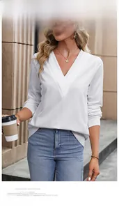 Detail of white V-neck sweatshirt with pleat design and ribbed cuffs for casual wear