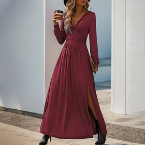 Robe Maxi pour Femmes Col en V Dentelle Manches Longues Taille Haute Fente Latérale Plissé Élégante Soirée Mariage