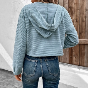 Kurzer hellblauer Cord-Kapuzenpullover mit Waffelstruktur und Vintage-Reißverschluss