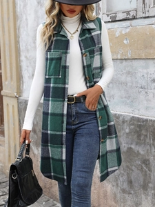 Detail view of the vintage plaid sleeveless cardigan featuring large front pockets