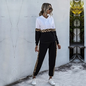 Women Casual Leopard Print Hooded Tracksuit Long Sleeve Pullover And Jogger Pants Sporty Streetwear Outfit