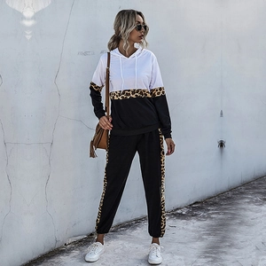 Women's two-piece tracksuit with leopard print patchwork hoodie and matching jogger pants