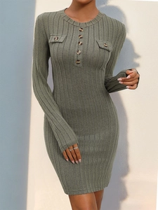Slim fit knitted long sleeve dress in sage green with button detail and ribbed texture