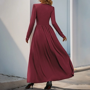 Robe longue élégante bordeaux col en V avec dentelle et taille haute amincissante