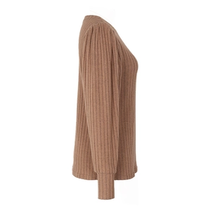 Detail of coffee brown ribbed knit top showing long sleeves and soft textured fabric