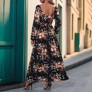 Robe longue fleurie dos nu élégante avec manches longues et imprimé vintage pour femme