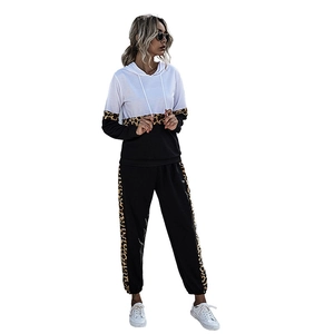 Women's 2-piece tracksuit featuring leopard print patchwork hoodie and joggers set