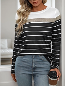 Detail of women's long sleeve top with stylish white khaki and striped color block design