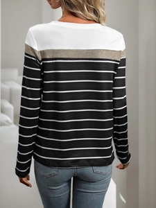 Rear view of striped patchwork long sleeve t-shirt with khaki and white color blocking