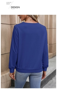 Detailed back view of a navy blue V-neck sweatshirt with ribbed cuffs and hem and a knit texture