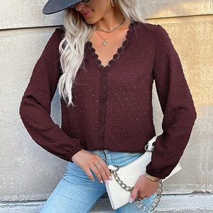 Blouse Élégante à Col en V pour Femmes Manches Longues Point d'Esprit Dentelle Casual Couleur Unie Chemise Top Bureau