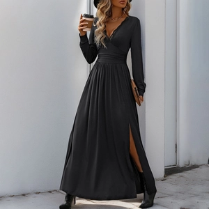 Robe Longue Élégante pour Femmes Avec Col en V Et Dentelle Manches Longues Taille Haute Fente Latérale Robe de Soirée
