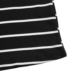 Close-up of black and white striped long sleeve shirt with professional double stitching