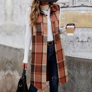 Vintage sleeveless plaid vest coat in brick red and brown, longline fit with pockets