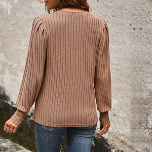 Women's camel long sleeve ribbed knit top with puff shoulders and crew neck